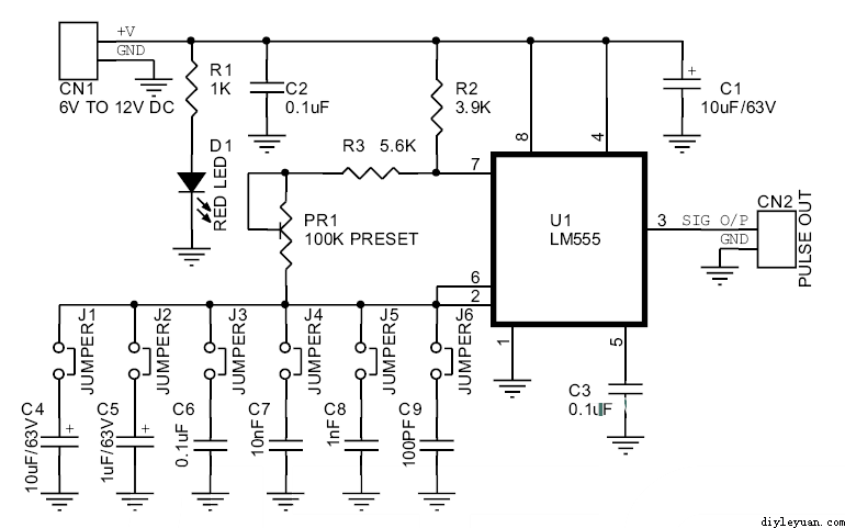 NE555脉冲信号发生器电路原理图