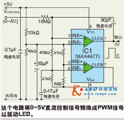 能用直流信号驱动LED的简单PWM调制器电路 