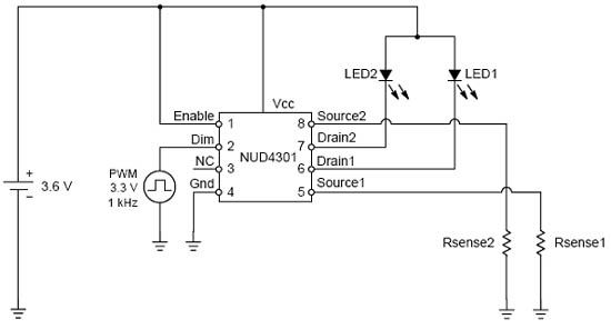 采用线性稳压器NUD4301做为推动小型LCD面板背光的两颗LED驱动电路