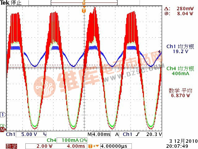 输出采用陶瓷电容（22uFX2）时的电流、电压波形