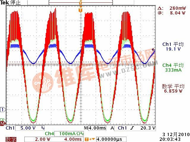 输出采用陶瓷电容（22uFX2）时的电流、电压波形