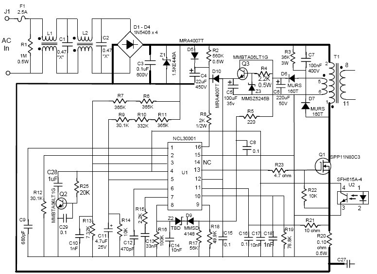图2：NCL30001 CVCC 90 W演示板初级侧原理图