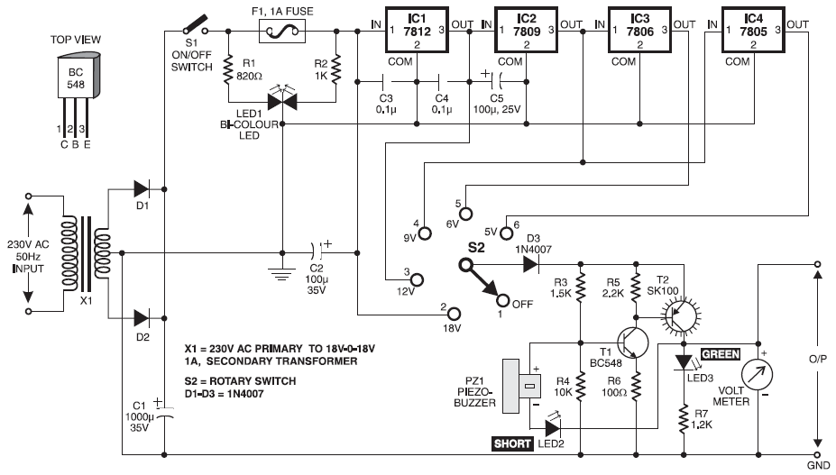 4输出级(5v\/6v\/9v\/12v)直流稳压电源电路图
