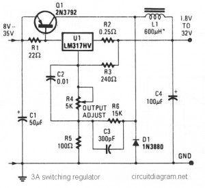 3A开关稳压器基于LM317HV的电路图