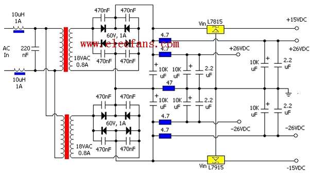 开关稳压电源电路图(输出正负15v)