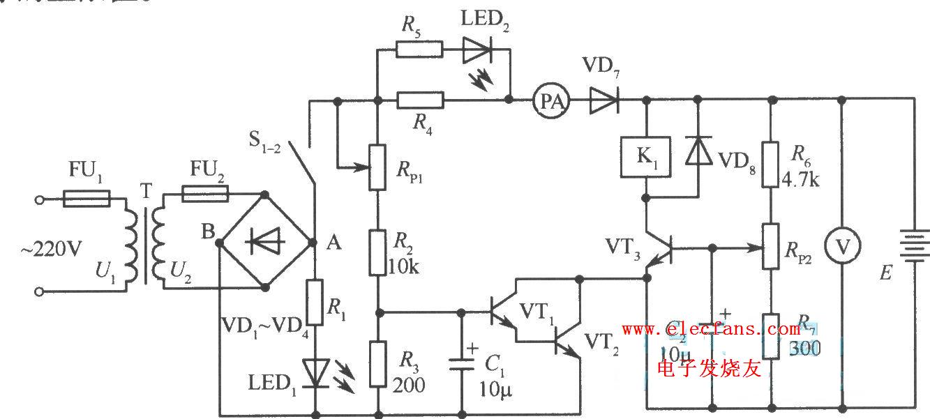 蓄电池自动充电器电路原理图