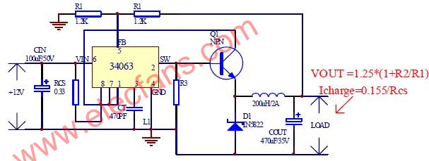34063+NPN(NMOS)实现扩流的车充方案电路原