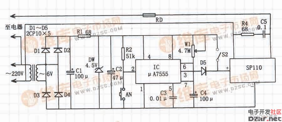 μA7555构成的交流电定时开关控制器电路原理