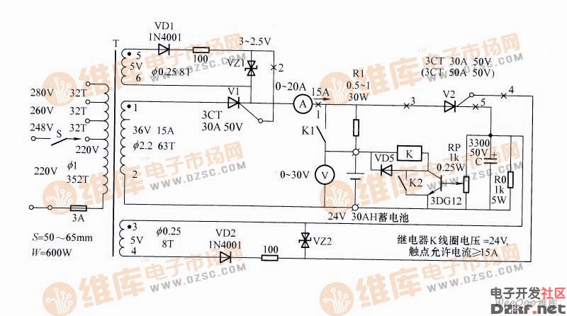 电动自行车充电器可在5h左右将电动自行车蓄电池充足电,其电路如图所示。 电动自行车充电器电路 电路工作原理:由图可知,220V市电经变压器T隔离降压输出约36V电压,当交流电第一个正半周到来时,VD1半波整流取得同步电压触发晶问管V1导通,脉冲直流通过晶闸管对蓄电池充电,在交流电过零时,V1自行关断。下一个半周到来时,VD2半波整流的电压触发晶闸管V2导通,蓄电池通过V2对电容C充电(蓄电池放电),当C两端电压上升近似与电池电压相等,同时交流电压过零V2自行关断,停止放电。第二个正半周到来过程同