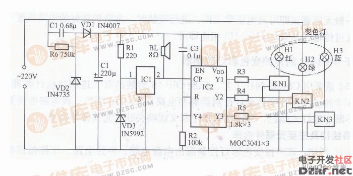 基于C180的声控变色彩灯控制器电路图_电子设