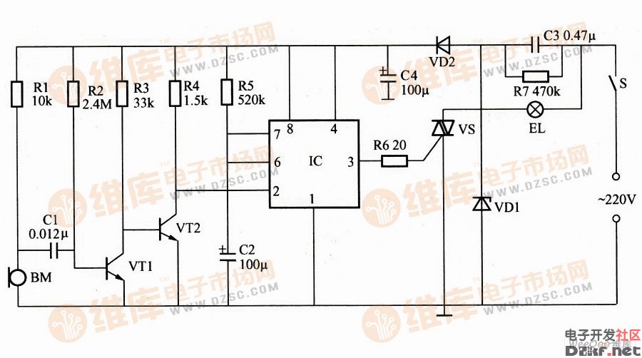 基于NE555的声控照明控制器电路图 - 电路图纸