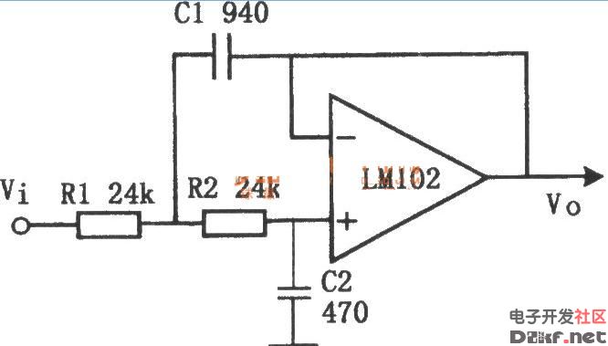 LM102组成的有源低通滤波器电路