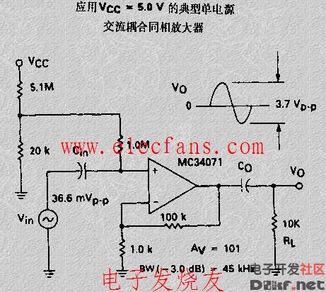 应用VCC=5V的典型单电源交流耦合同相放大器