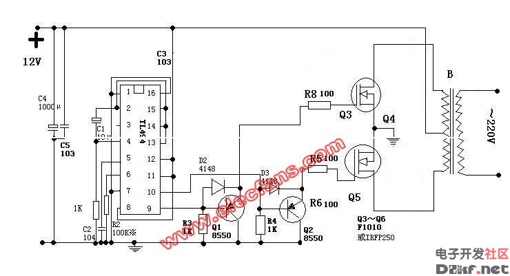 12v输入转220v输出的逆变电源电路;
