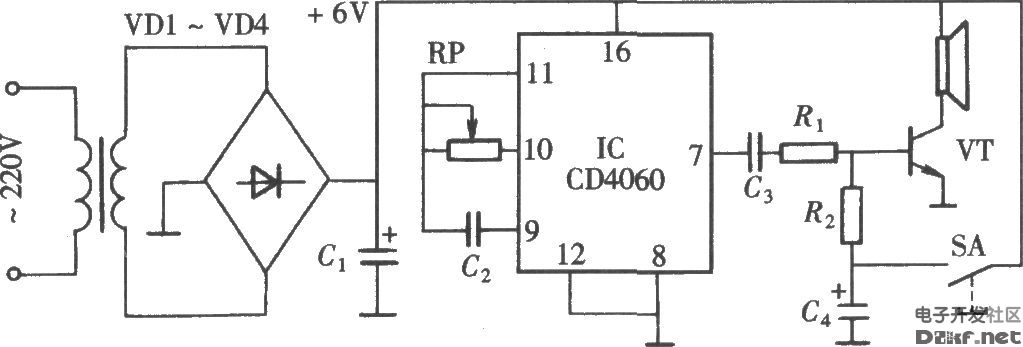 由CD4060组成的模拟钟声门铃电路