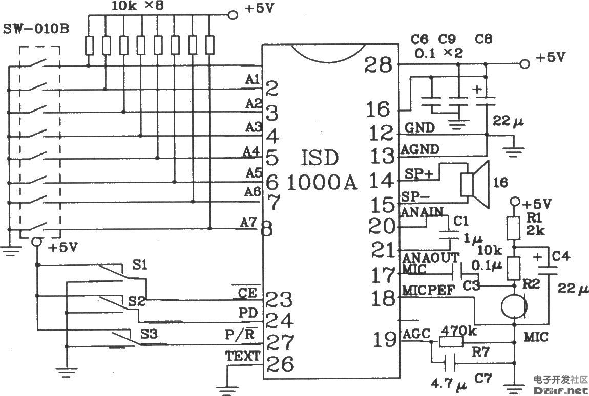 ISD1000A系列语音芯片的应用电路图