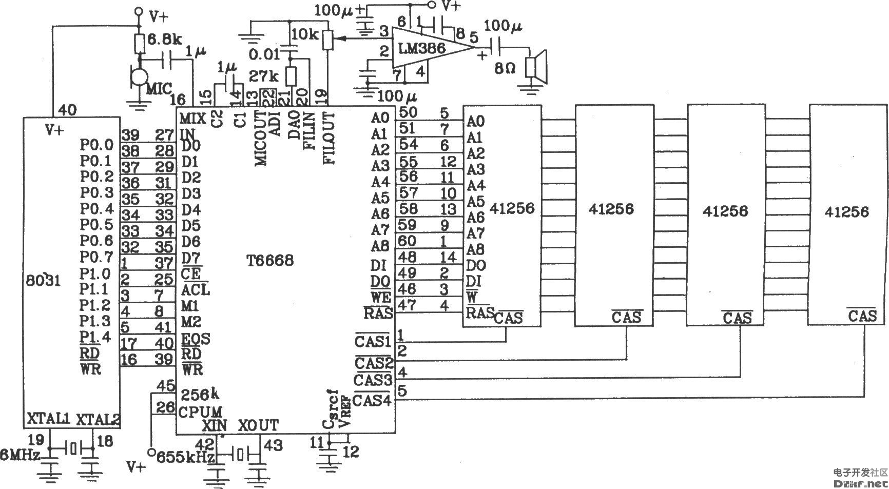 语音合成芯片T6668和单片机8031的接口电路