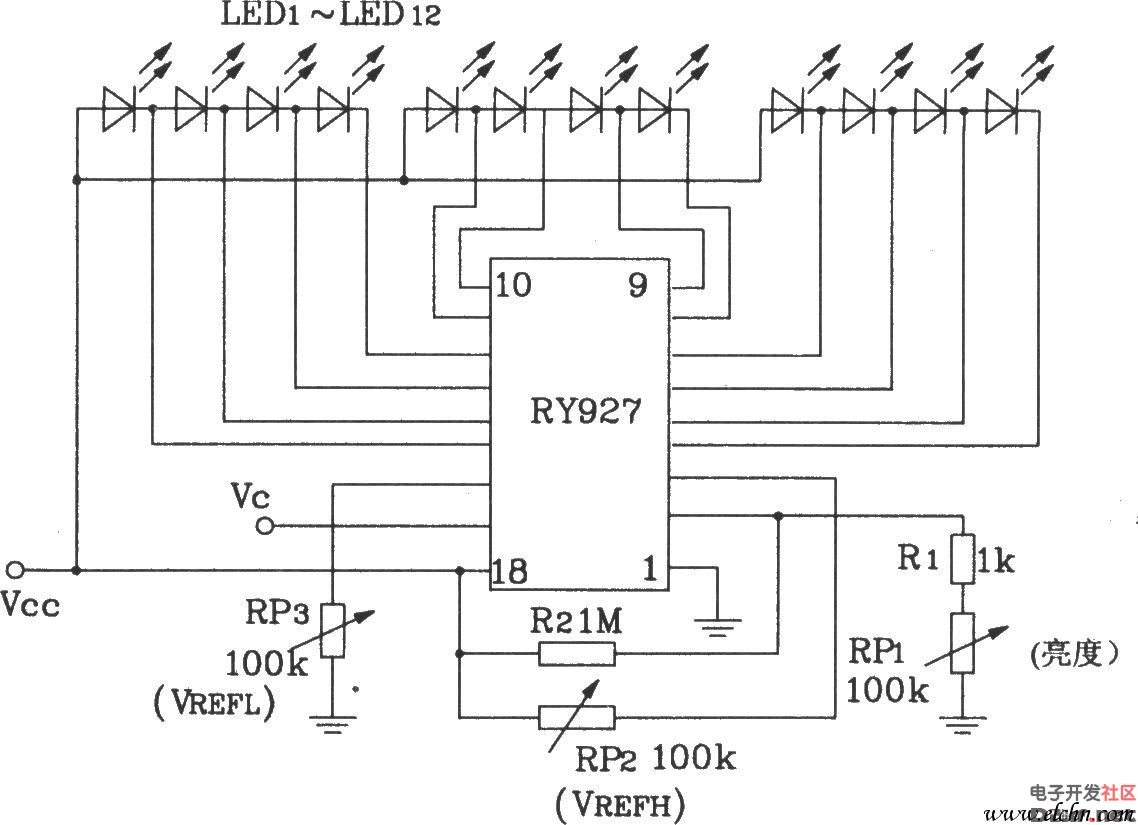 RY927多段LED驱动线性显示器典型应用电路图