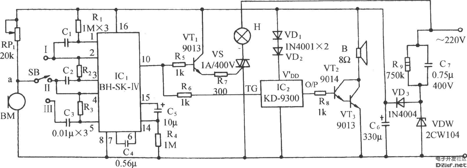 用SK-IV的声控自动照明灯伴乐曲发声电路_电