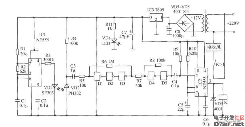 红外反射式自动干手器电路图