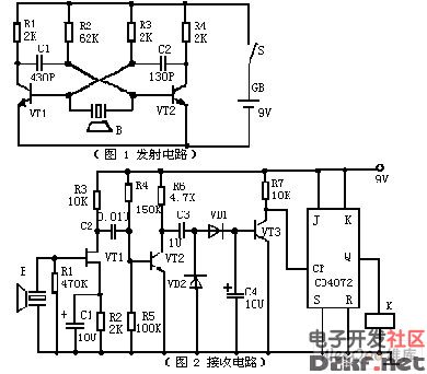 超声发射器件用se05—40t,电源gb采用一块9v叠层电池,以减小发射器