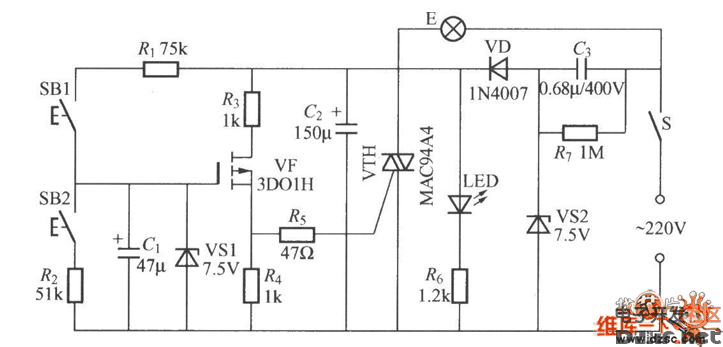 双按键场效应管调光灯电路图_电子设计应用_