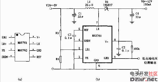采用max761设计的5v转12v开关电源电路图