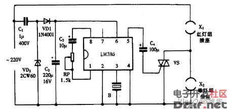 巧用lm386作双色音乐彩灯控制器电路图