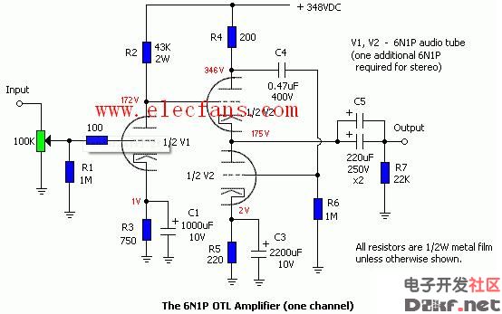 电子管6n1组成的OTL放大器电路