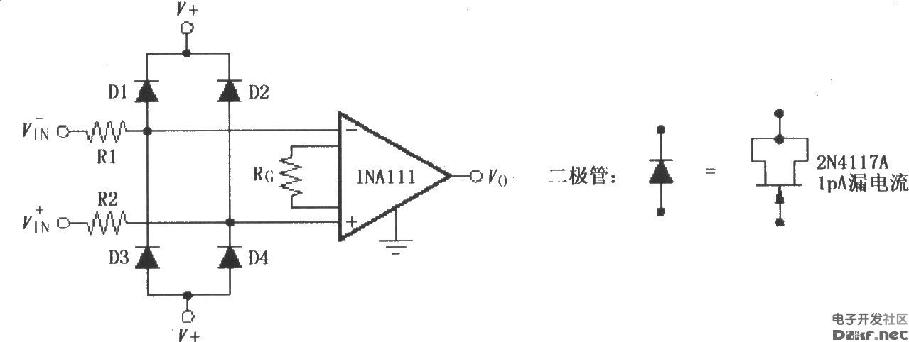 INA111构成的输入保护电压钳位电路