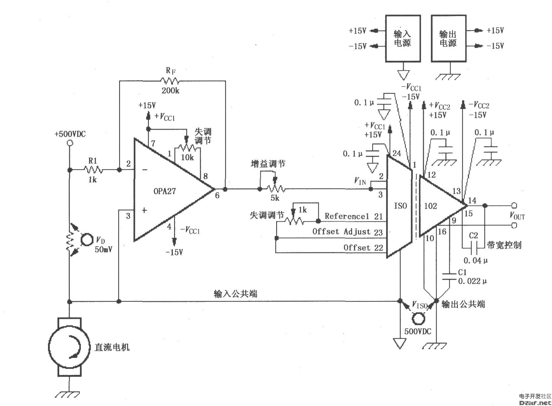 由iso102与opa27构成的测量500vdv直流电机电流的电路_图解大全 由iso102与opa27构成的测量500vdv直流电机电流的电路