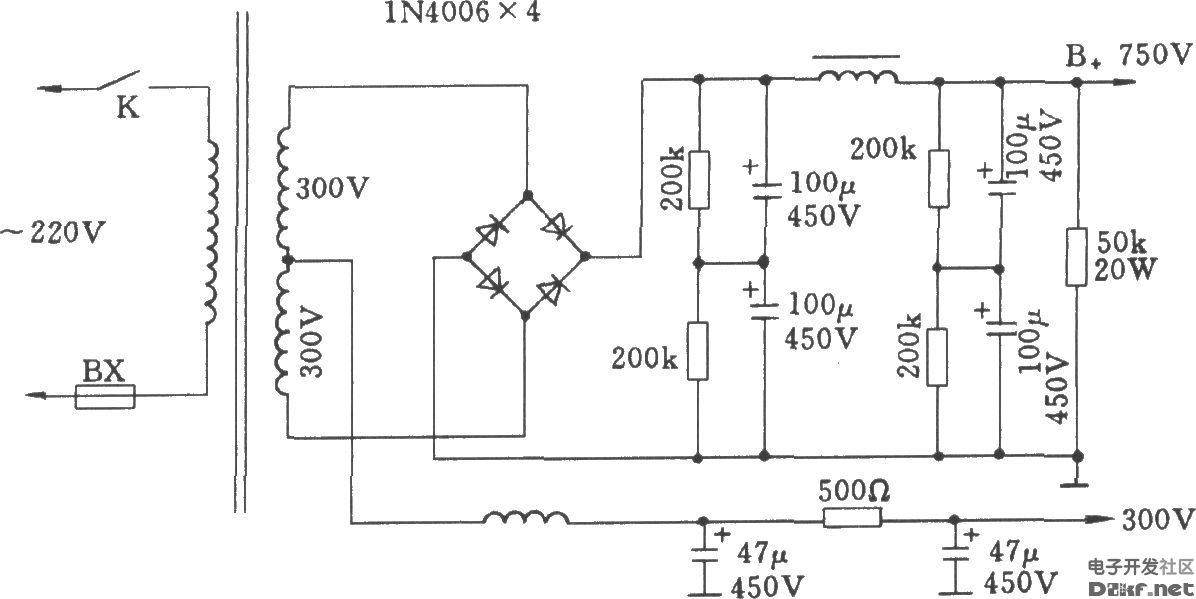 晶体二极管桥式整流电路(用于电子管功放)