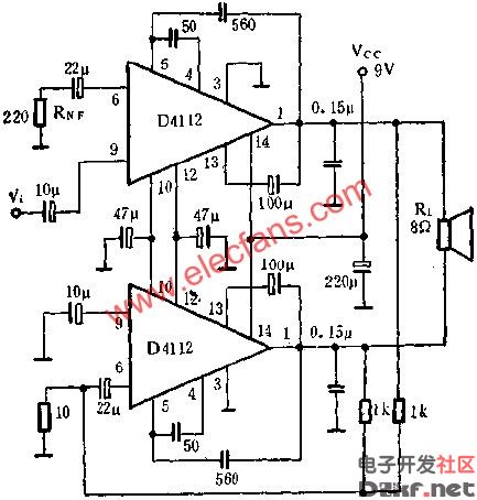 D4112音频功率放大电路接成BTL放大器电路图