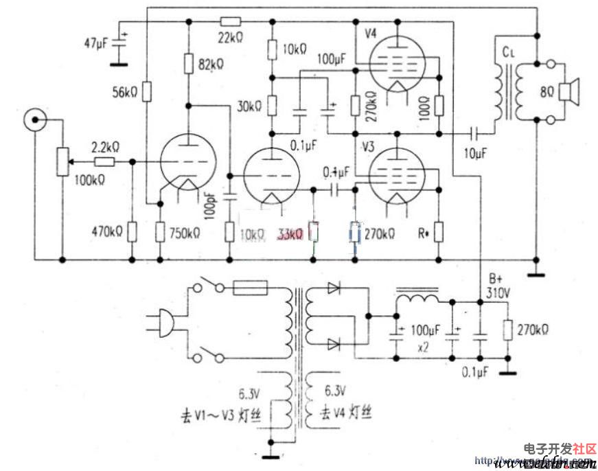 一款准OTL电路电子管功放电路