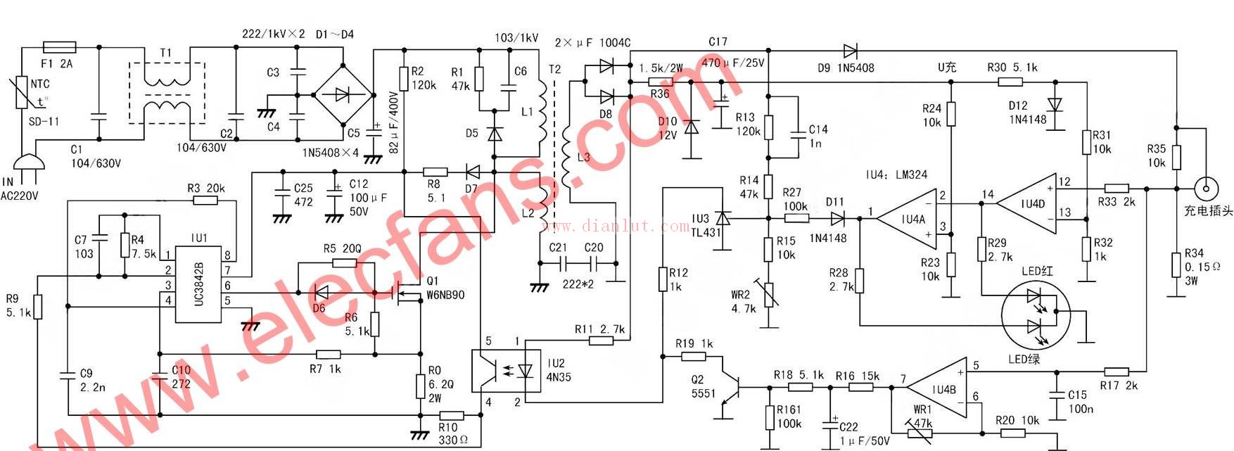 KA3842组成的电动车充电器电路图--电路图-技术资料-华强电子网