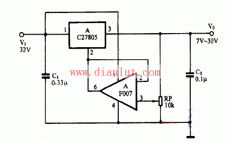 CW7805设计的7V-30V高精度可调稳压电源电路