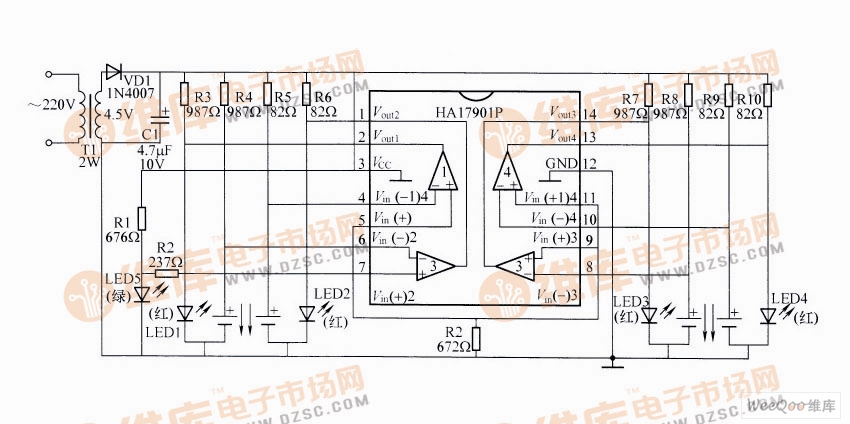 采用4重比较器的镍镉电池自动充电器电路图_