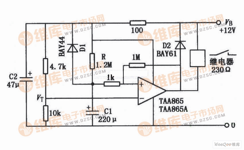 由TAA865组成的继电器延时释放电路图