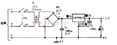 由交流电源供电的12v直流稳压电源电路