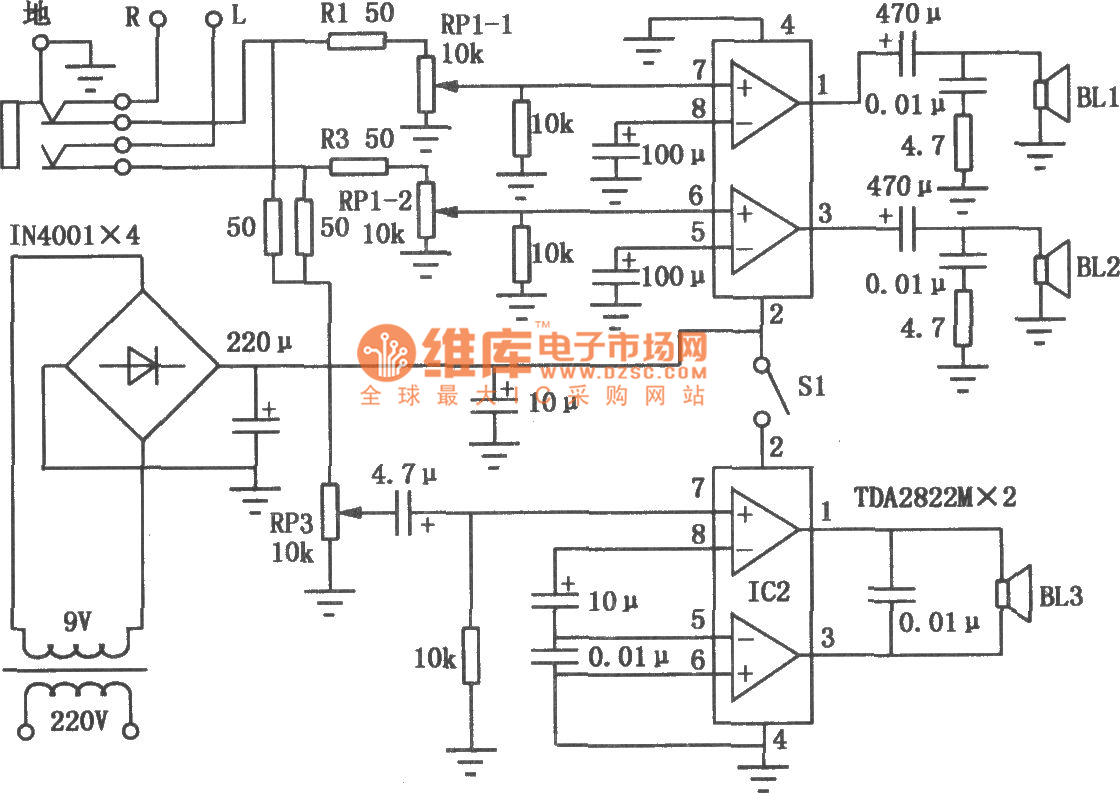 本音响系统采用两只tda2822m集成电路