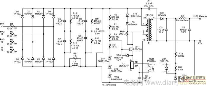 采用stackfet技术的三相输入3w开关电源