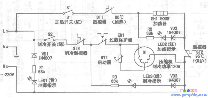 王牌XW-L压缩机制冷型饮水机电路图