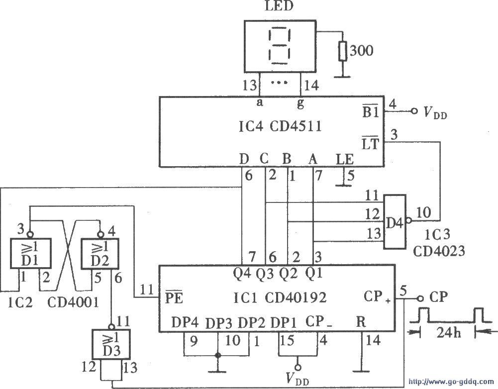 由CD4511、CD40192组成的星期历数显电路