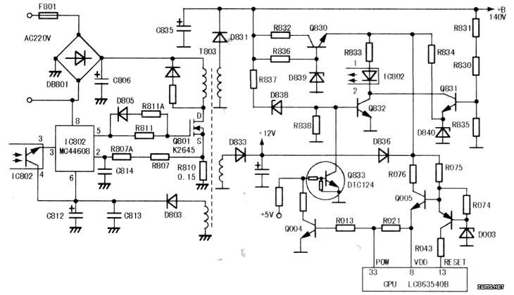 TCL王牌AT25289彩电因雷击呈三无,指示灯不