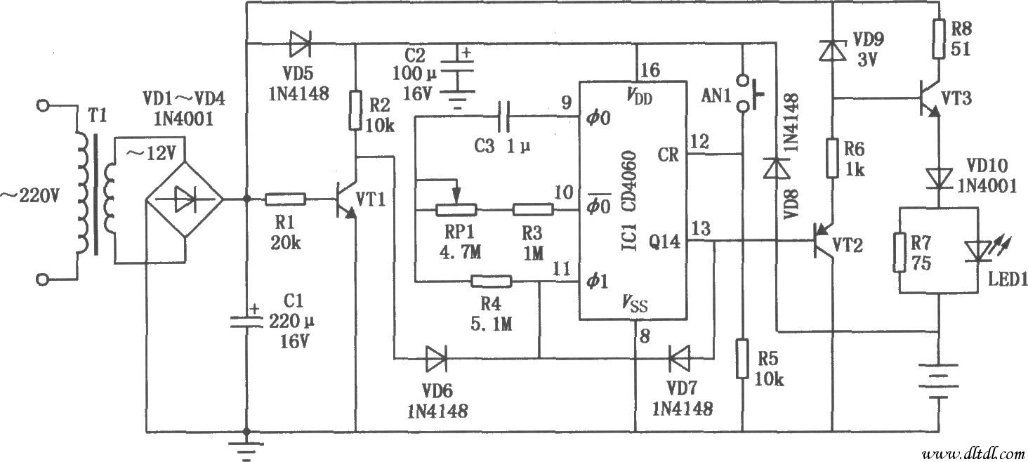 CD4060构成的具有定时功能的镉镍电池充电器