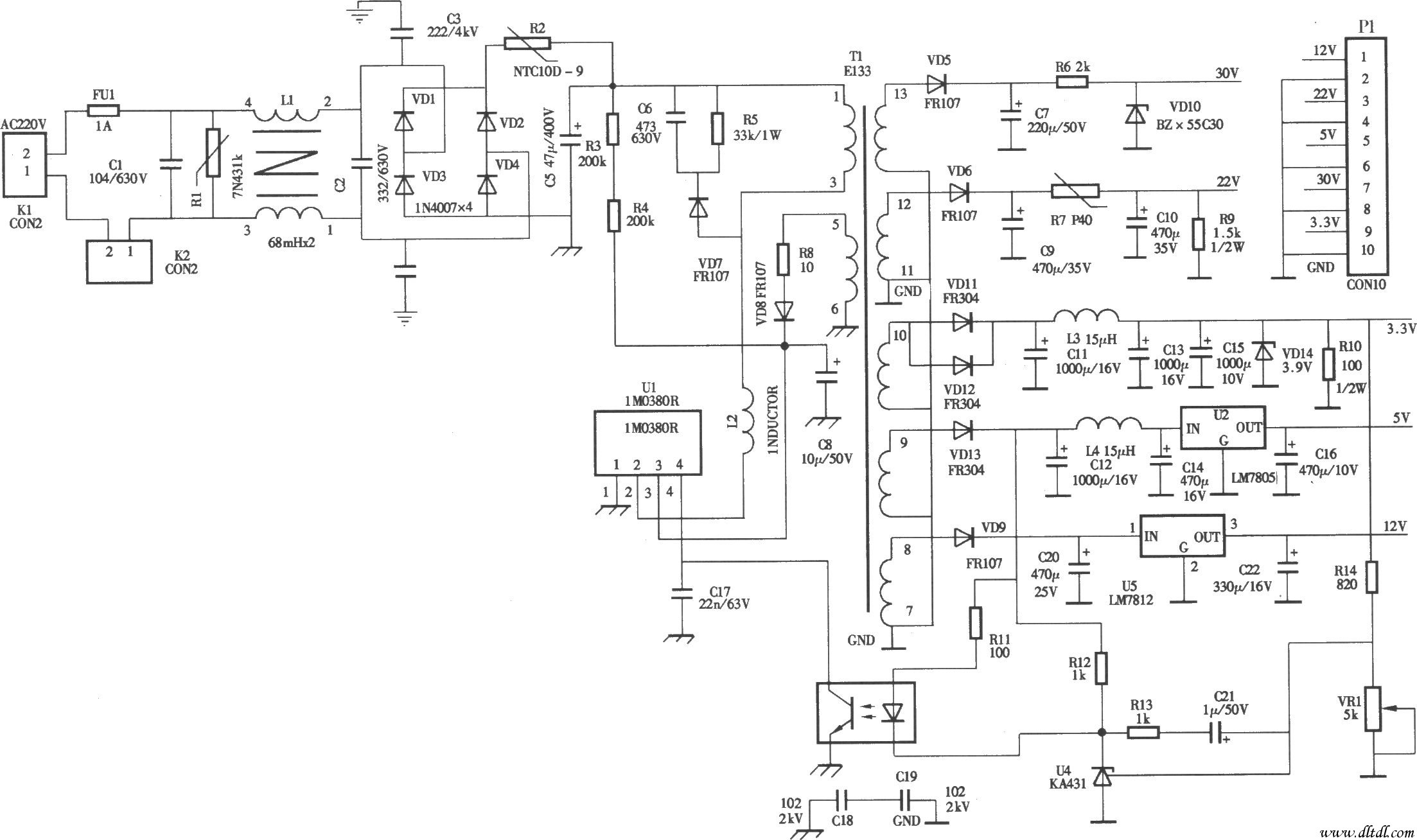 中大WS-9618型数字卫星电视接收机电源电路