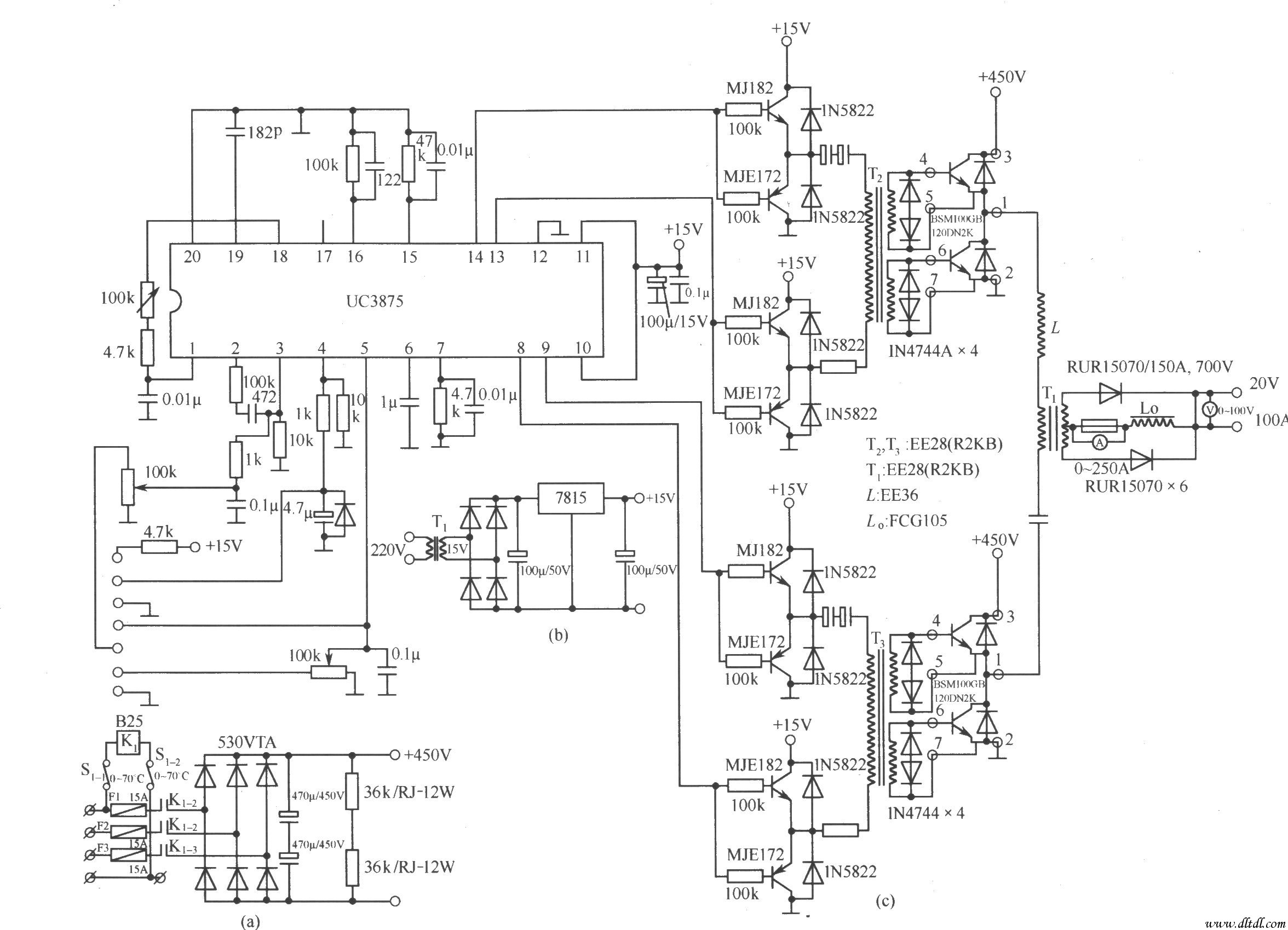 图(b)是辅助电源电路,它为全桥转换控制器uc3875和ig驱动电路提供