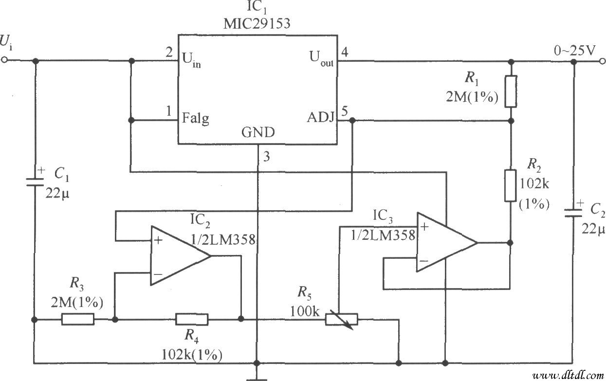 MIC29153构成的输出电压0~25V连续可调的稳