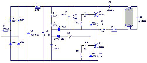 220v供电的通用节能灯电子镇流器电路图