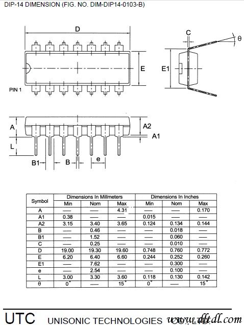DIP-14元件封装尺寸图